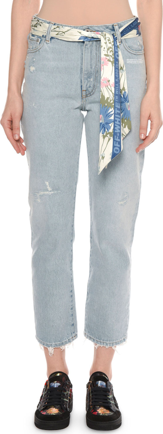 Off White Straight-Leg Distressed Bleached Jeans with Floral-Print Scarf