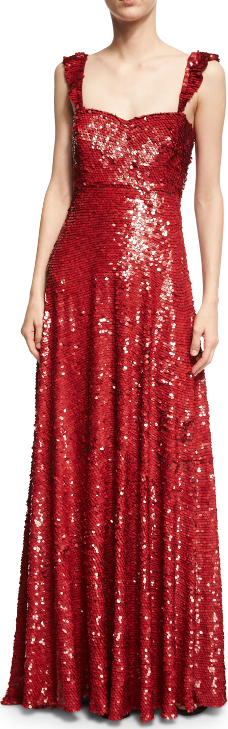 Valentino Sleeveless Sequined Silk Sweetheart Gown, Red