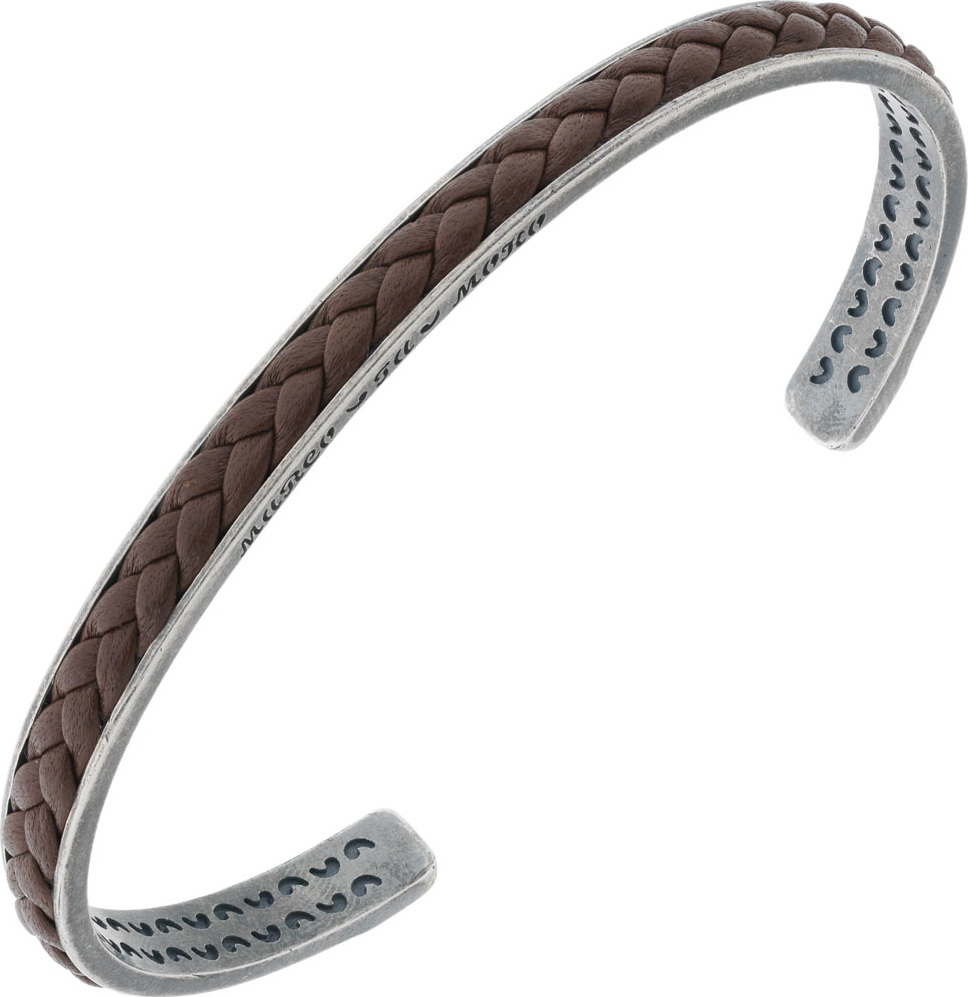 Marco Dal Maso Men's Braided Leather/Silver Kick Cuff Bracelet, Brown