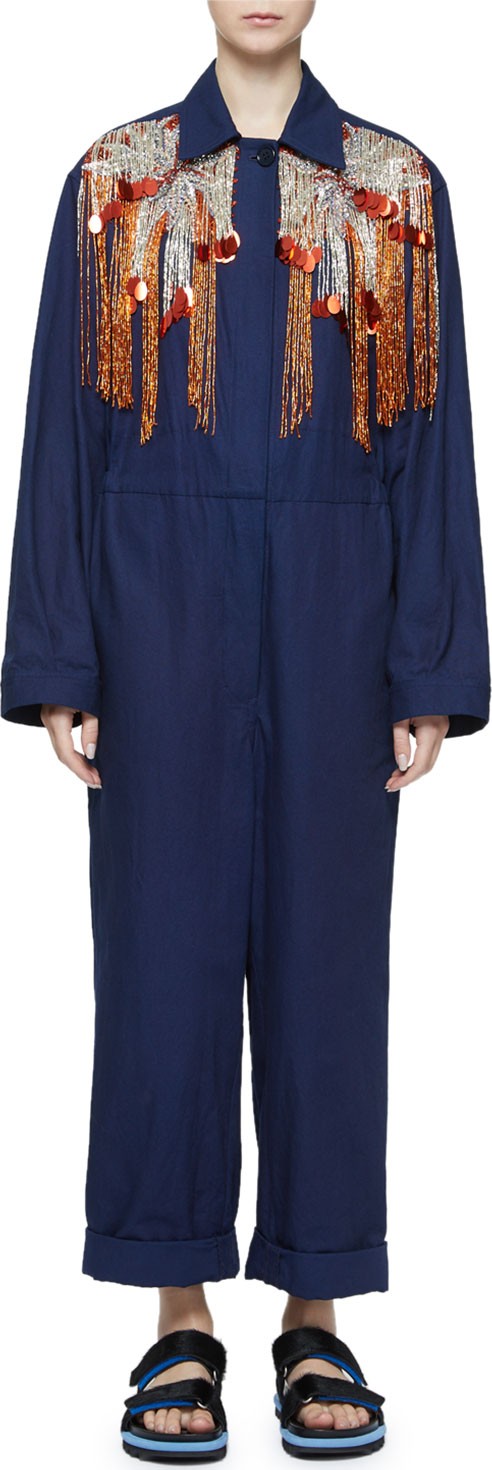 Dries Van Noten Sequin Fringe Yolk Long-Sleeve Utility Jumpsuit