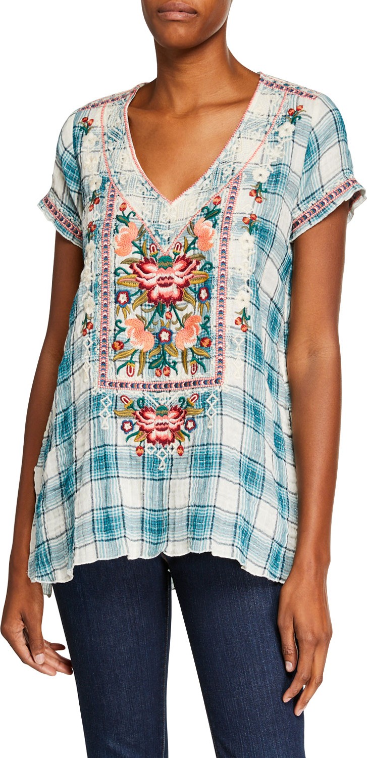 Johnny Was Juliene Estelle Plaid V-Neck Short-Sleeve Top