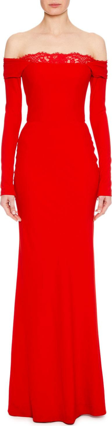 Alexander McQueen Off-the-Shoulder Long-Sleeve Column Evening Gown with Lace Inset