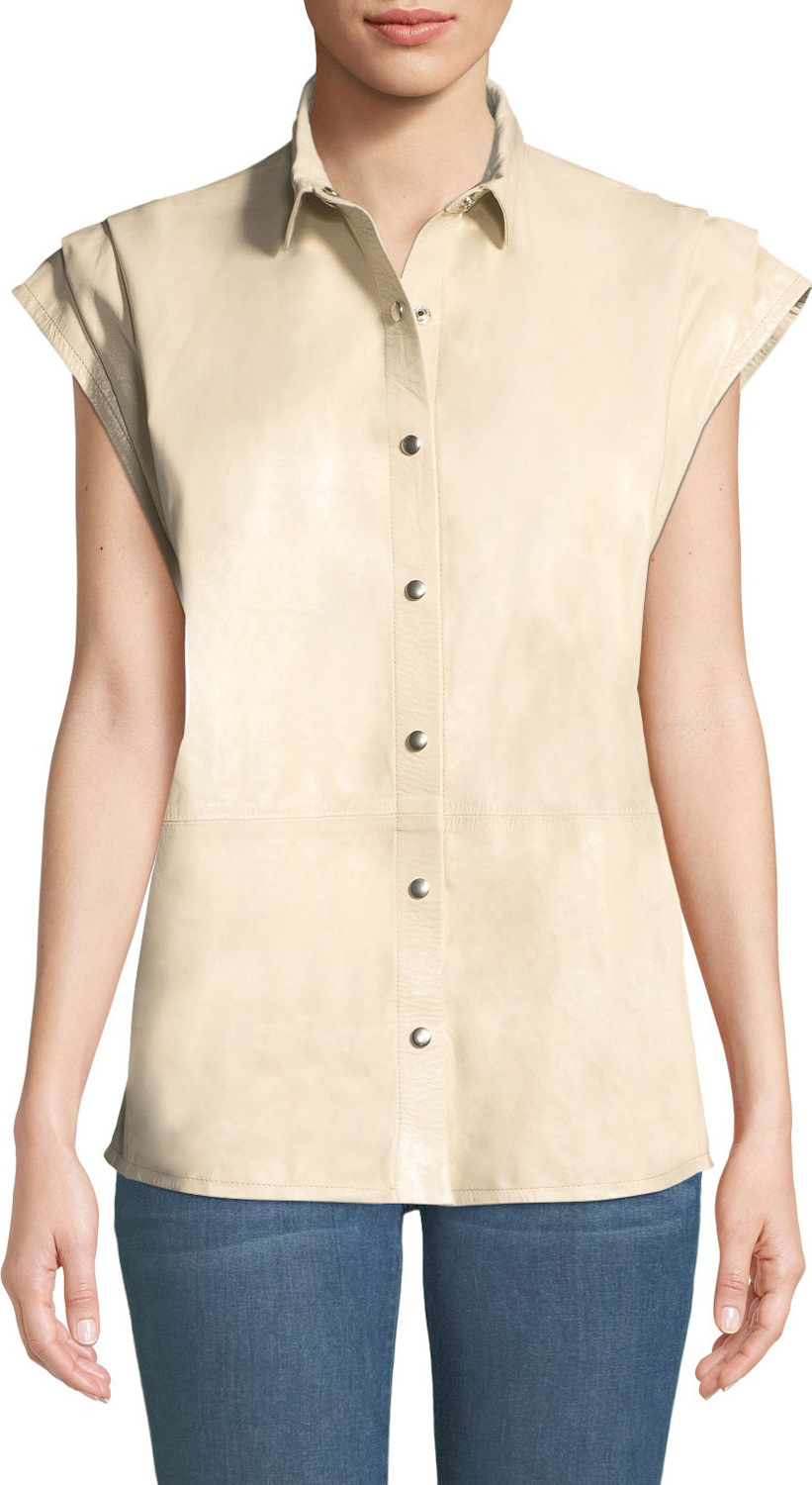 IRO Hally Snap-Front Leather Short-Sleeve Top