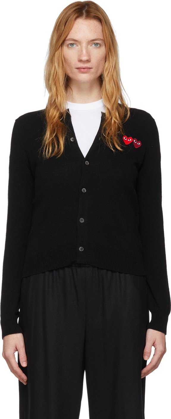 Comme Des Garcons PLAY Black Wool Double Heart Patch Cardigan