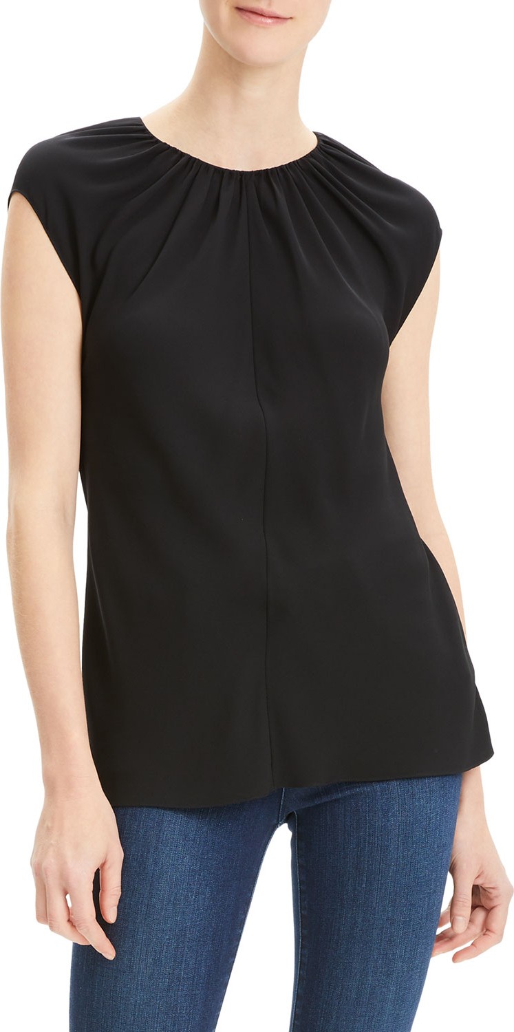 Theory Shirred Crewneck Silk Georgette Top