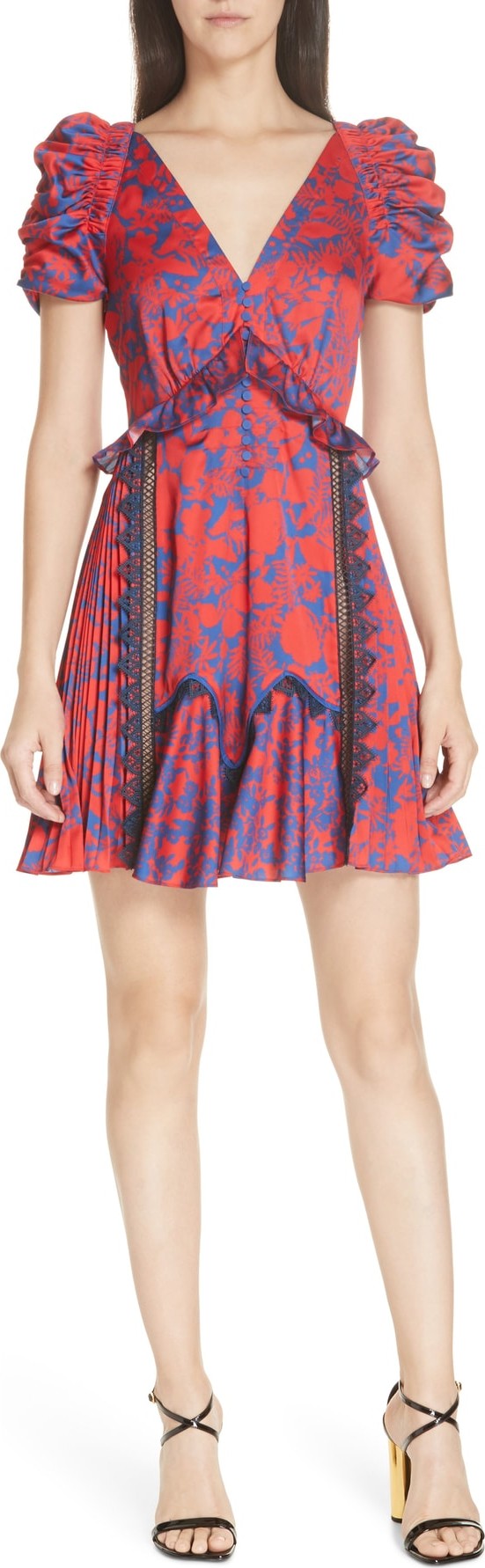 Self Portrait Floral Print Lace & Ruffle Trim Satin Minidress