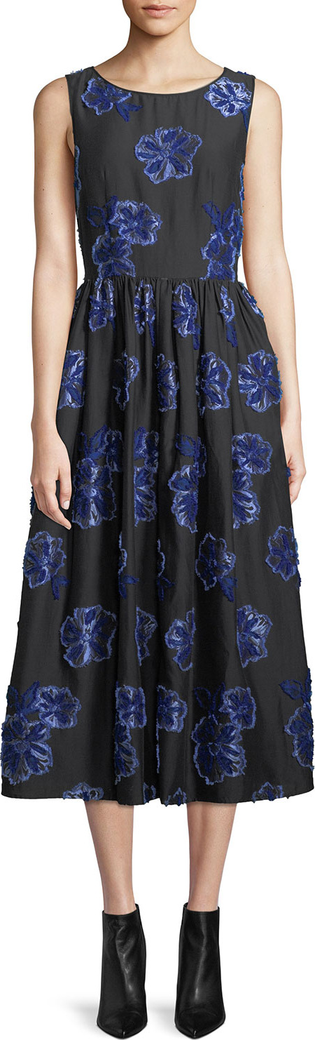 Co Sleeveless Belted Floral-Embroidered Poplin Dress