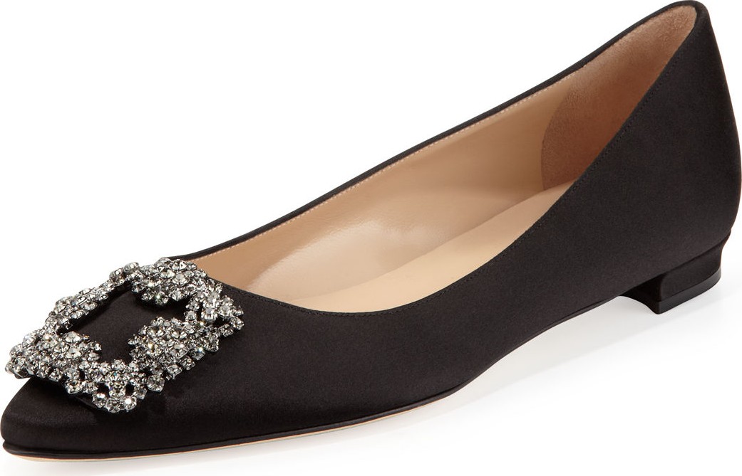 Manolo Blahnik Hangisi Crystal-Buckle Satin Flat