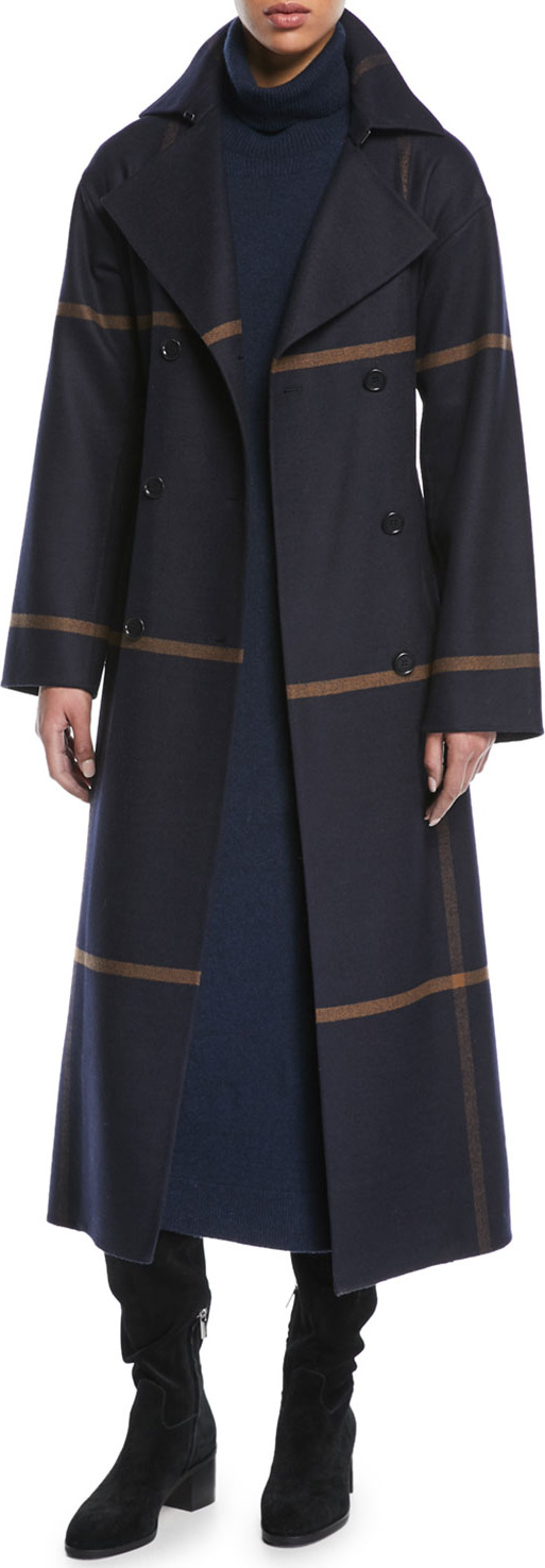 Loro Piana Double-Breasted Windowpane Check Wool Maxi Coat