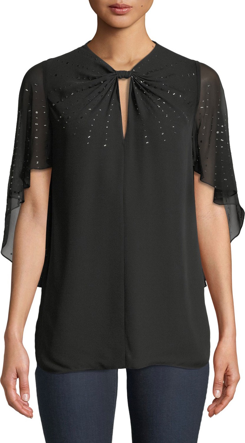 Elie Tahari Yona Cape-Sleeve Sequin Silk Blouse