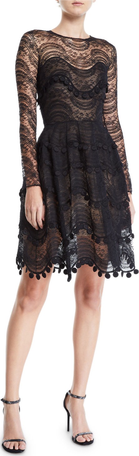 Oscar De La Renta Wavy Lace Scalloped Illusion Dress