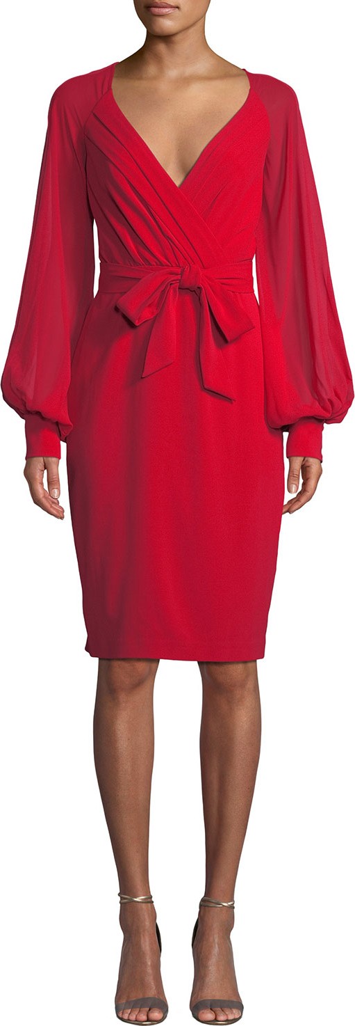 Badgley Mischka V-Neck Blouson-Sleeve Faux-Wrap Cocktail Dress