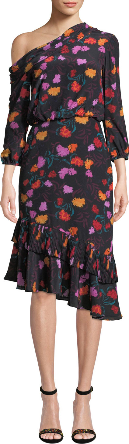 Saloni Lexie Off-the-Shoulder Floral-Print Silk Dress