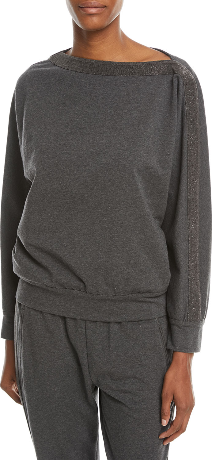 Brunello Cucinelli Long-Sleeve Pullover Sweatshirt w/ Monili Trim