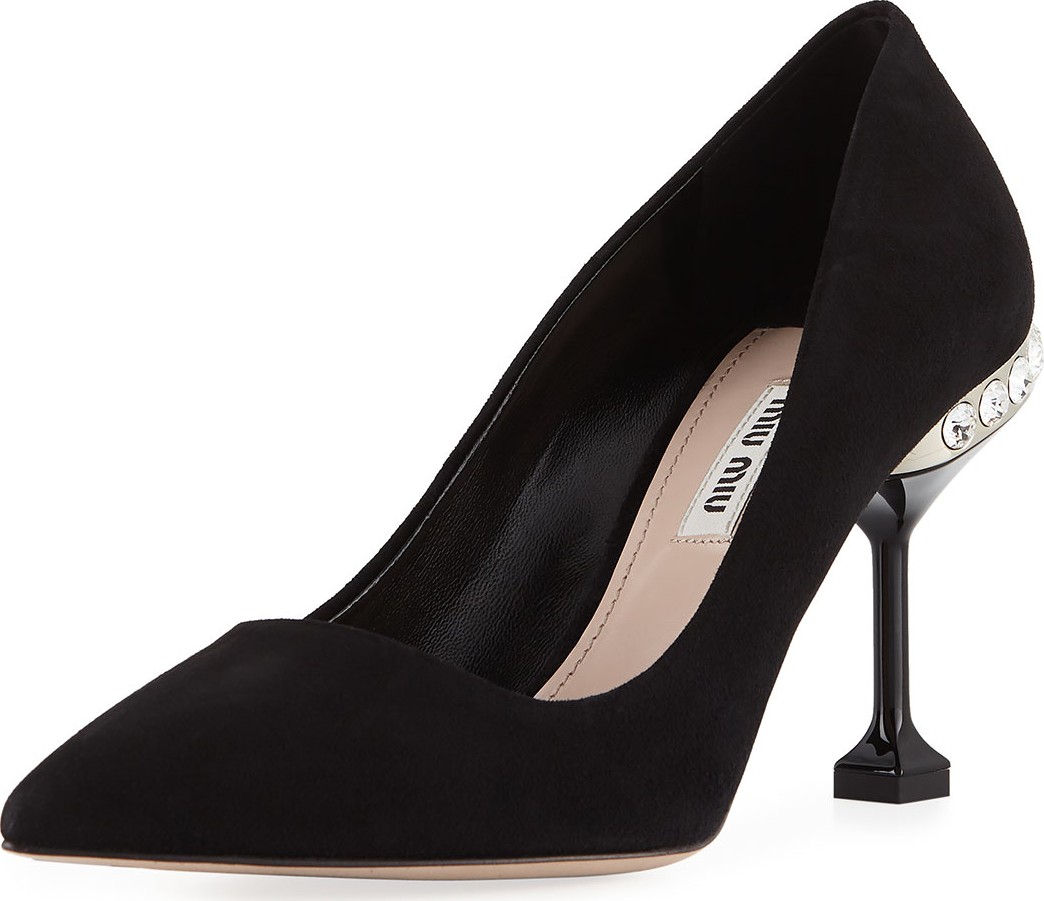 Miu Miu Suede Jeweled-Heel Pumps, Black