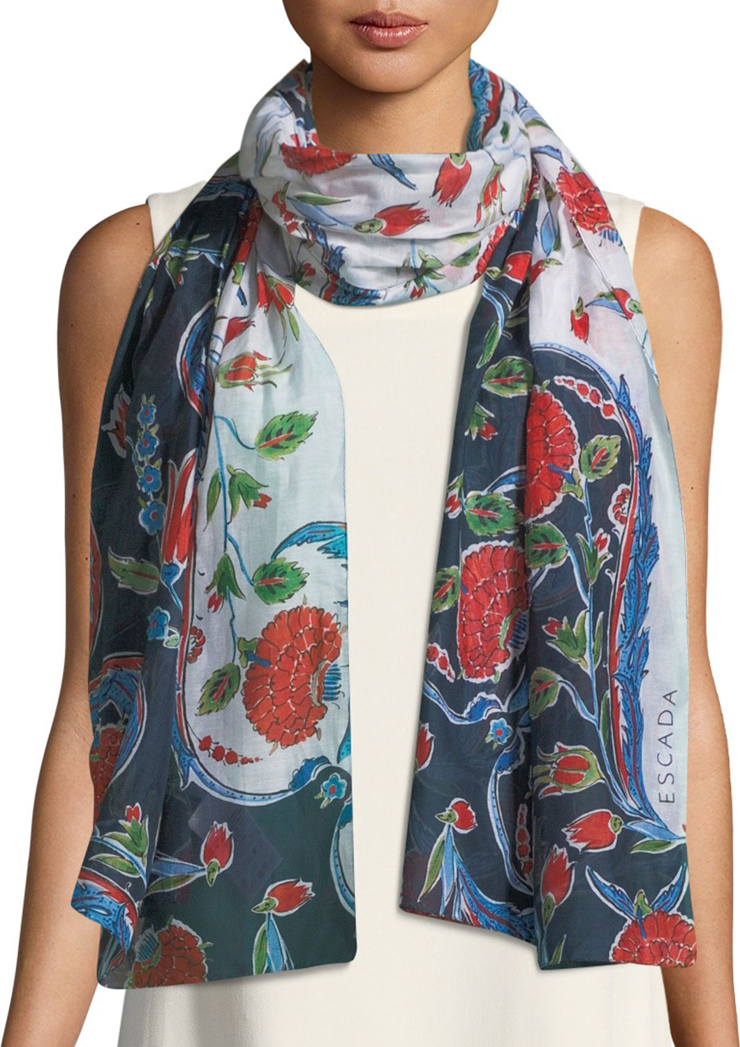 Escada Pottery Floral-Print Cotton-Silk Scarf