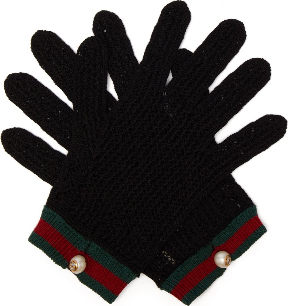Gucci Web-striped crochet gloves