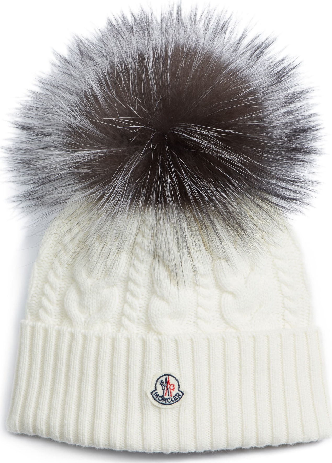 Moncler Cable Knit Beanie with Genuine Fox Fur Pom