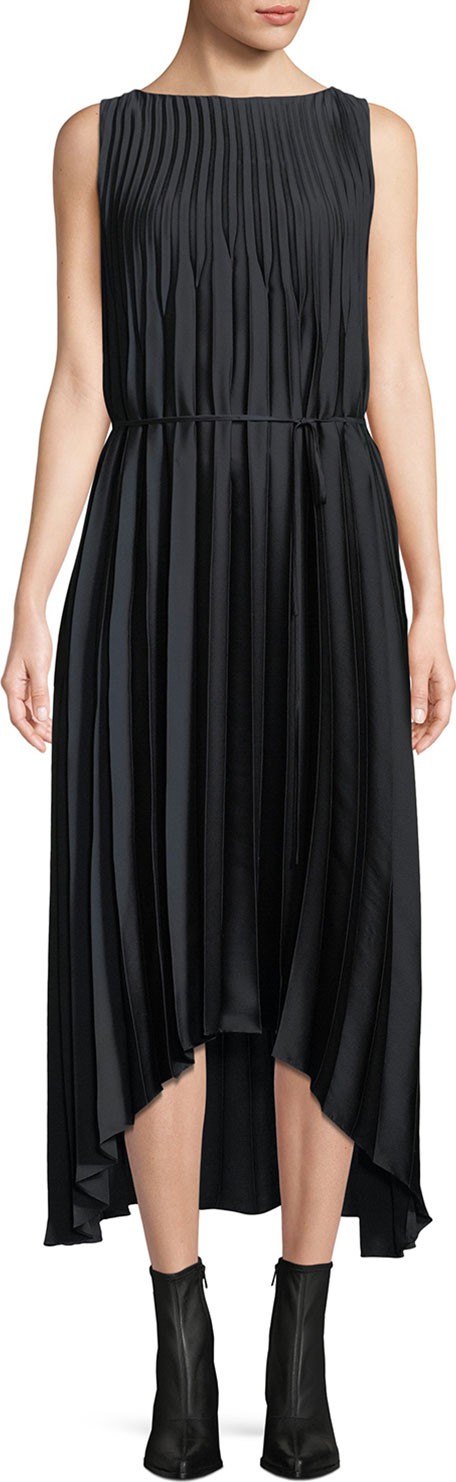 Vince Pleated Self-Tie High-Low Midi Dress