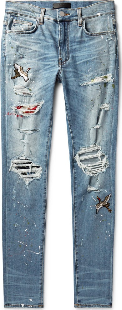 Amiri Skinny-Fit Appliquéd Distressed Stretch-Denim Jeans