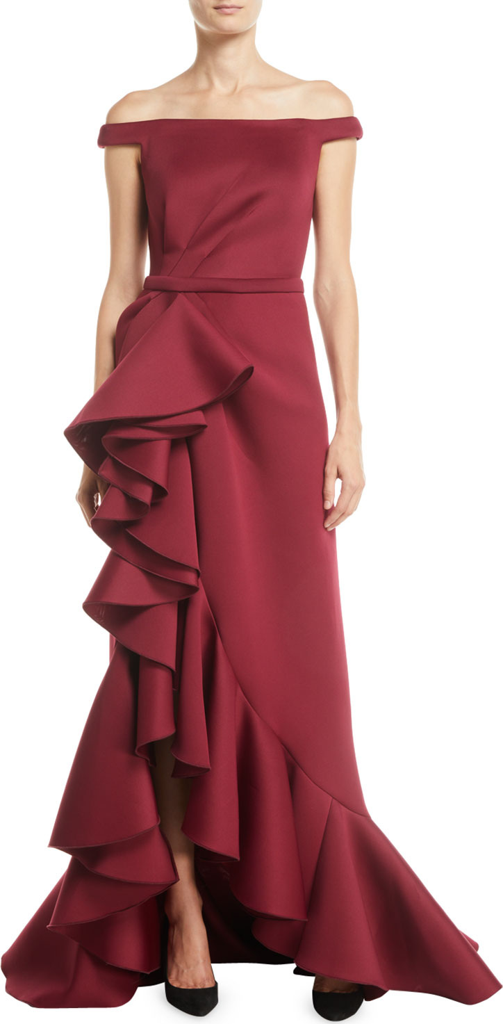 Jovani Off-Shoulder Ruffle Cascade Gown