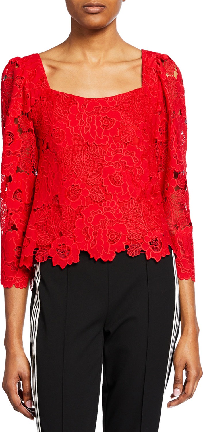 Nanette Lepore Sweetheart Square-Neck 3/4-Sleeve Floral Lace Top