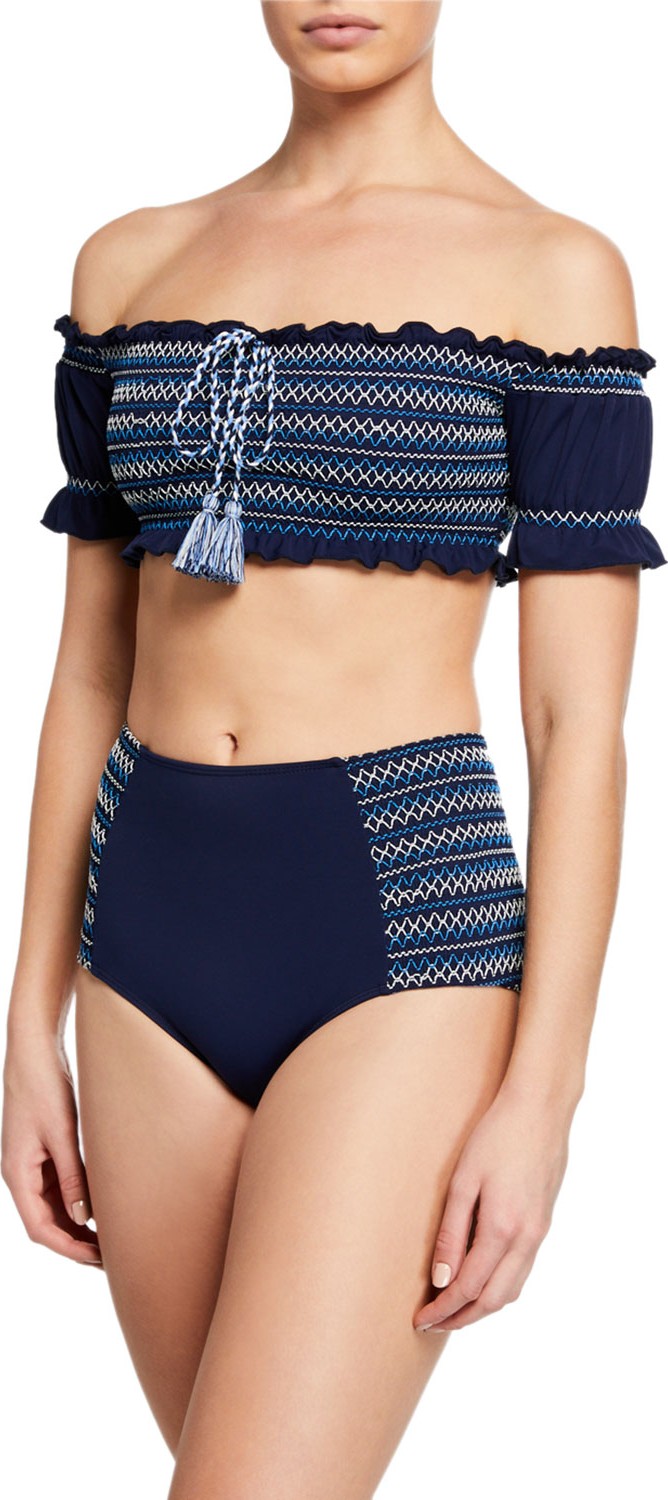 Jonathan Simkhai Smocked Off-Shoulder Ruffle Bikini Swim Top