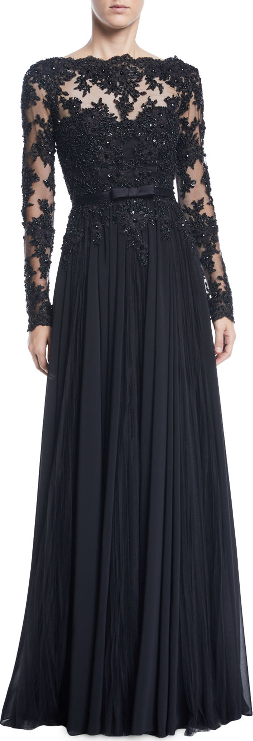 Badgley Mischka Long-Sleeve Bead, Lace & Tulle Gown