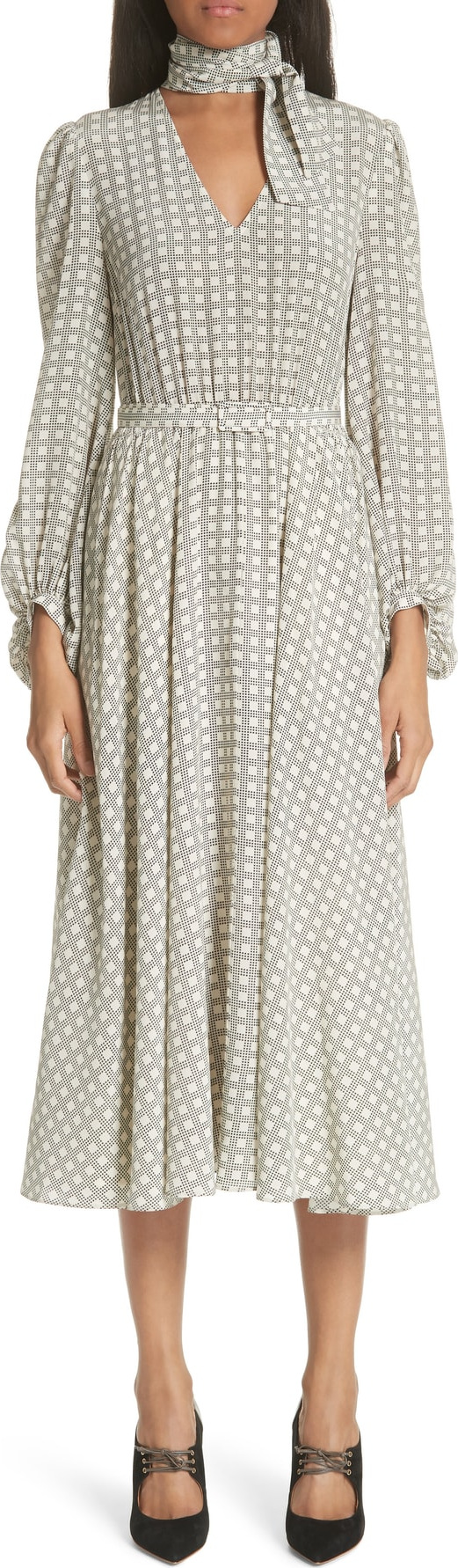 Co Houndstooth Plaid Tie Neck Silk Crêpe de Chine Dress