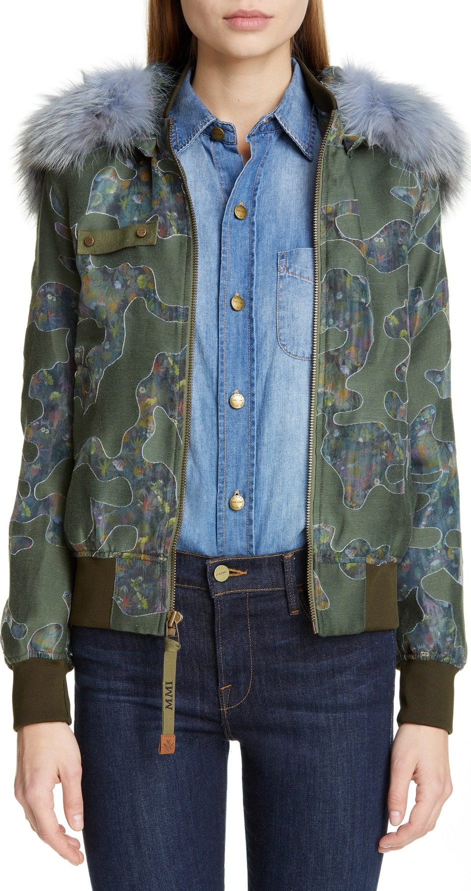 Mr&Mrs Italy Camo Bomber Jacket with Removable Genuine Fox Fur Trim