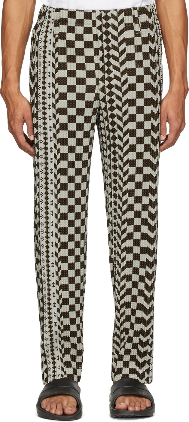 Homme Plissé Issey Miyake Brown African Geometric Pleated Trousers