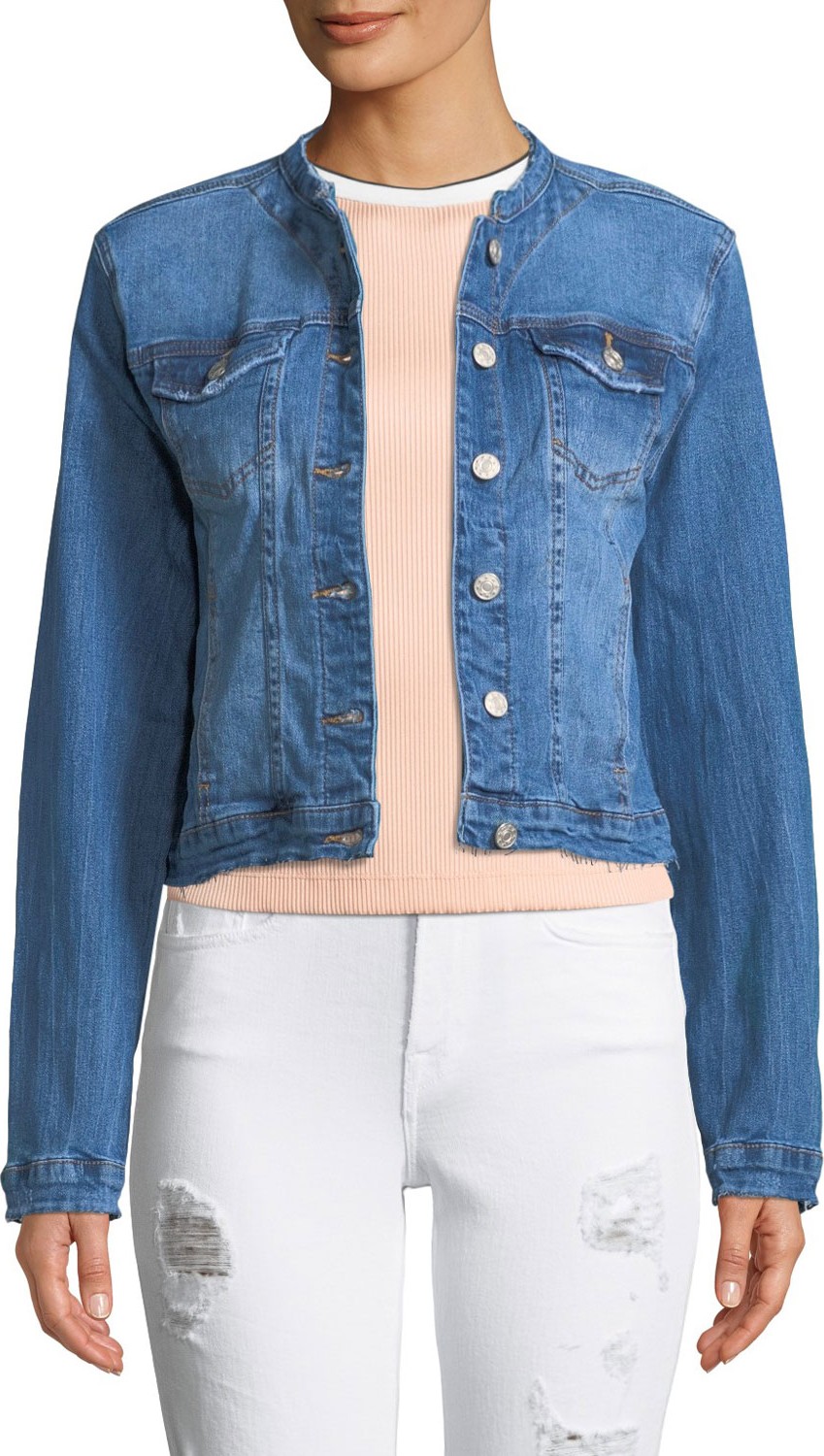 Etienne Marcel Collarless Cropped Jean Jacket with Frayed Hem
