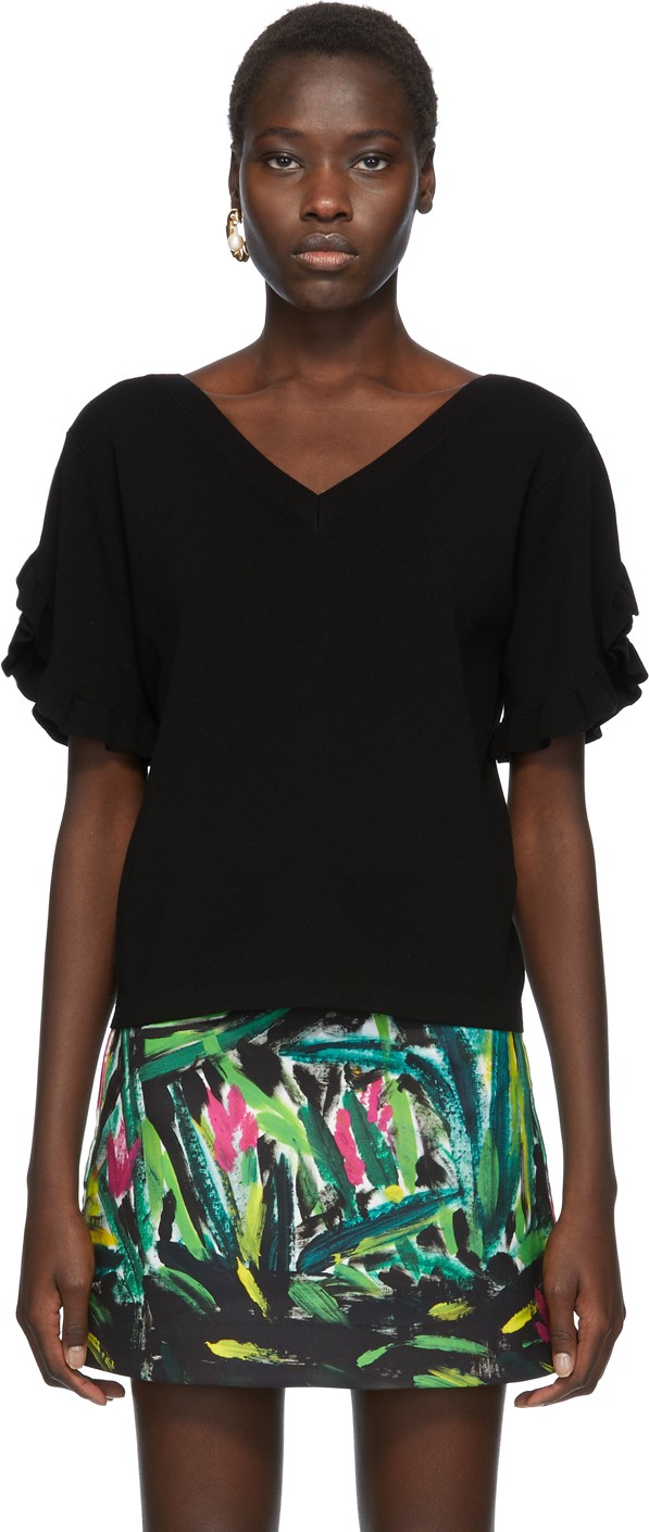 See By Chloé Black Ruffle Sleeve V-Neck Sweater