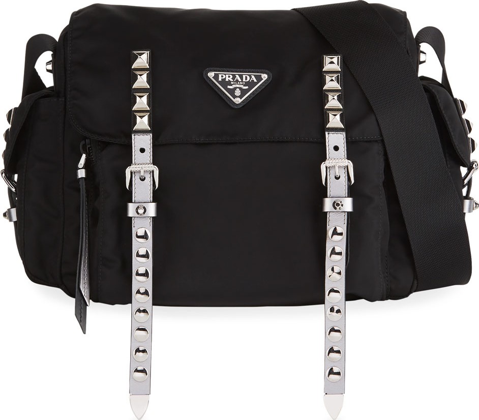 Prada Prada Black Nylon Messenger Bag with Studding