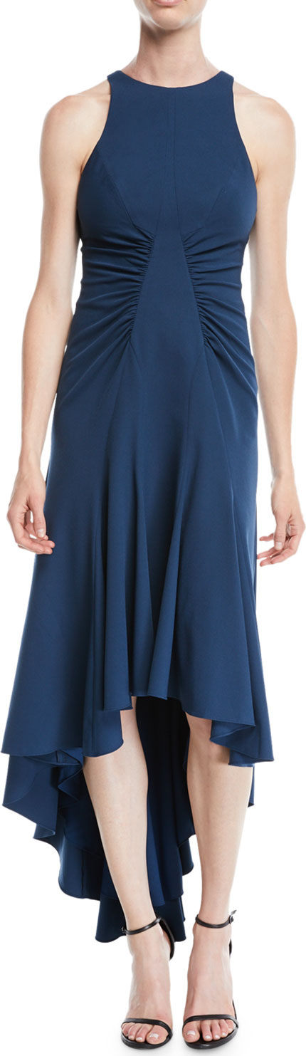 HALSTON HERITAGE High-Low Halter Dress w/ Ruched Details
