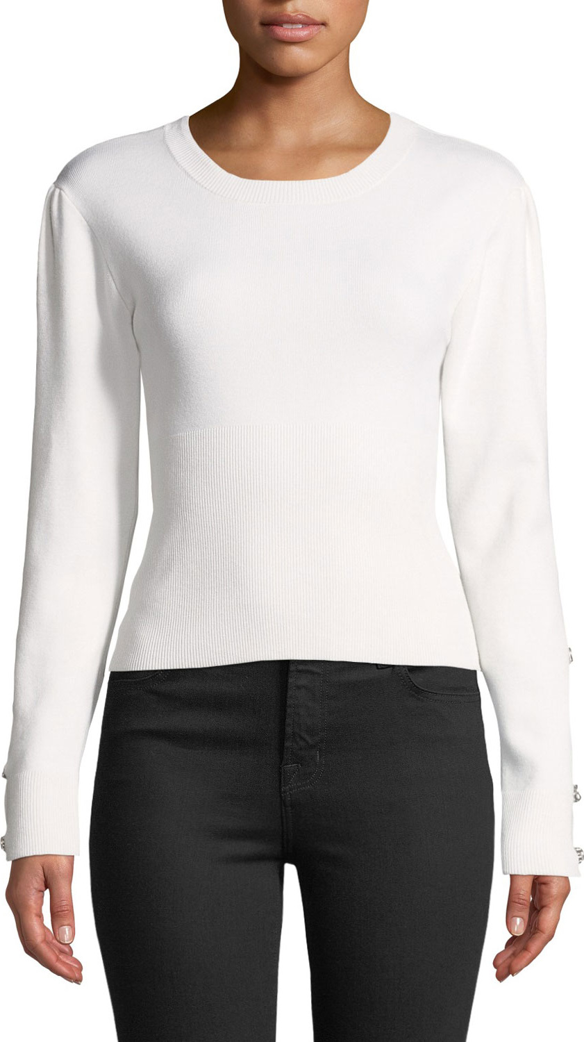 Jonathan Simkhai Ribbed Wool Puff-Sleeve Eyelet Top