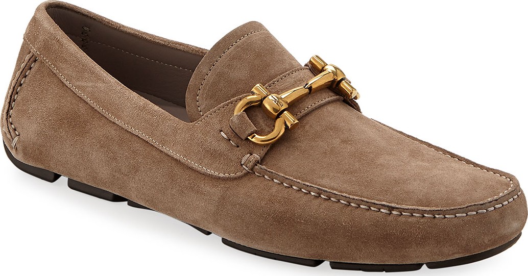 Salvatore Ferragamo Men's Gancio-Bit Suede Driver, Dark Sand