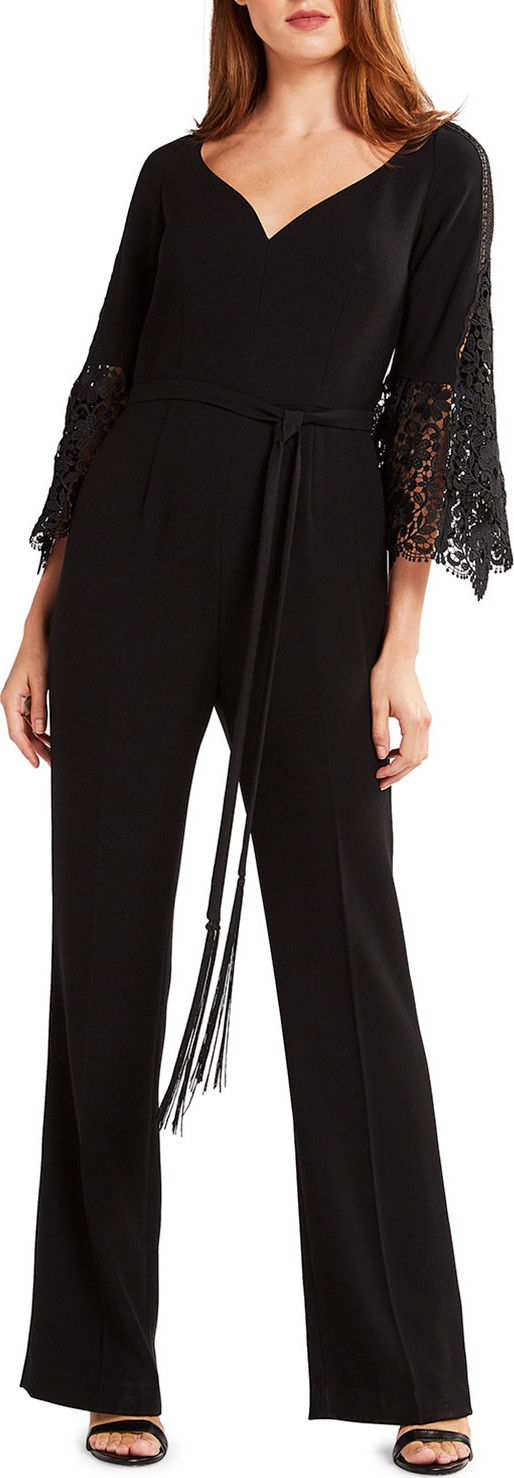 Elie Tahari Tina Lace Bell-Sleeve Straight-Leg Jumpsuit with Self-Tie Belt