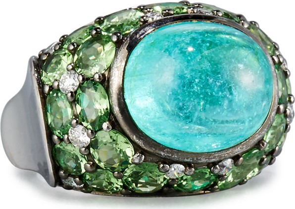 Alexander Laut 18K White Gold Paraiba Ring with Tsavorites & Diamonds, Size 7