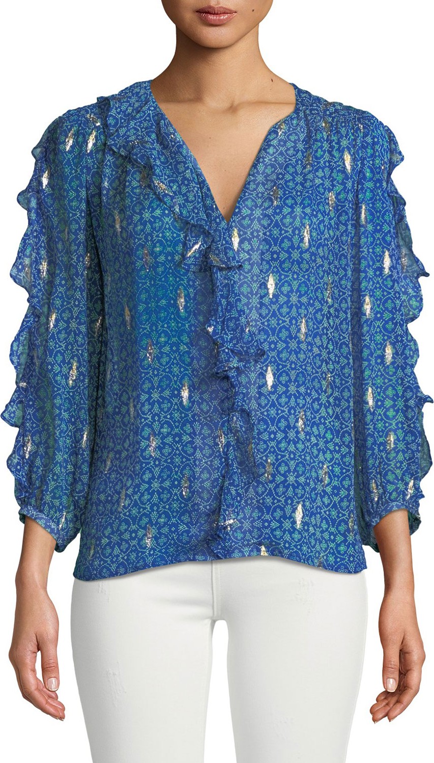 ba&sh Masha Silk 3/4-Sleeve Ruffle Top