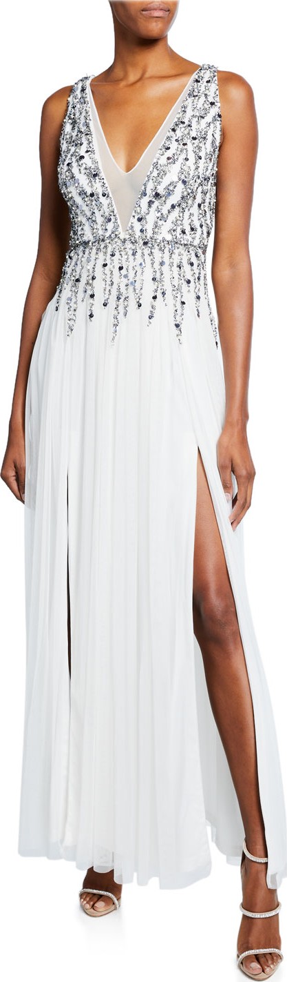 Aidan by Aidan Mattox Beaded Mesh Plunge V-Neck Sleeveless Gown