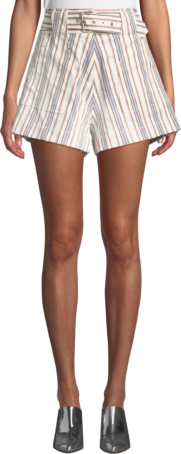 Derek Lam 10 Crosby Belted Striped Patch-Pocket Cotton Shorts