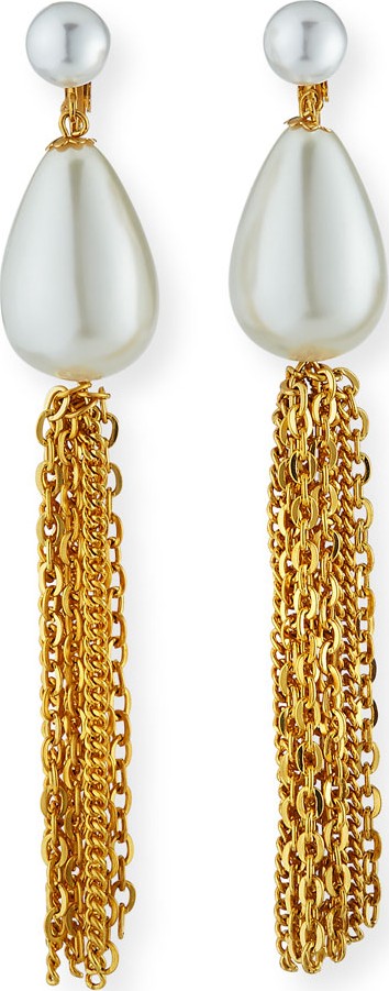 Kenneth Jay Lane Pearly Teardrop Tassel Clip Earrings