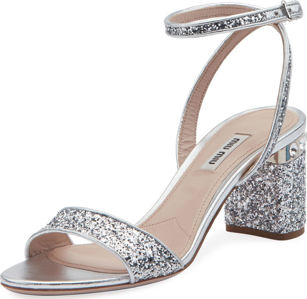 Miu Miu Glitter Crystal-Embellished Block-Heel Sandals