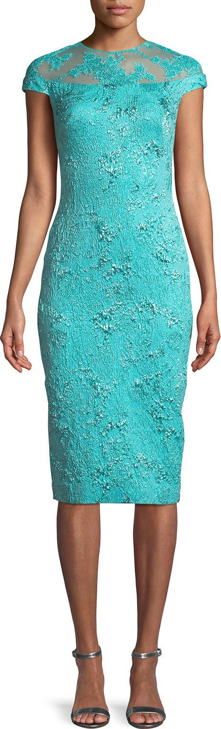 Theia Metallic Illusion-Yoke Sheath Dress