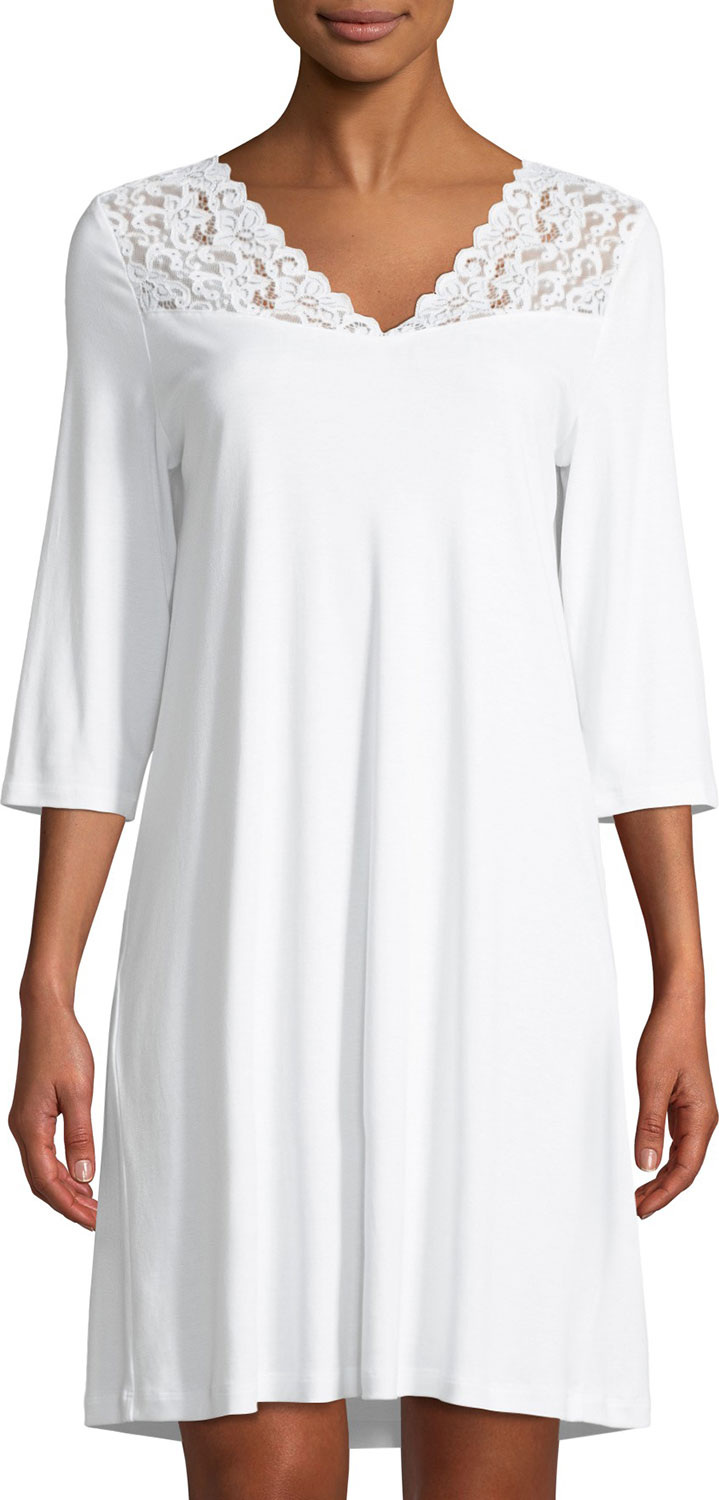 Hanro 3/4-Sleeve Lace-Trim Nightgown