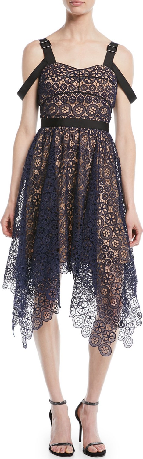 Self Portrait Asymmetric Floral Lace Midi Cocktail Dress