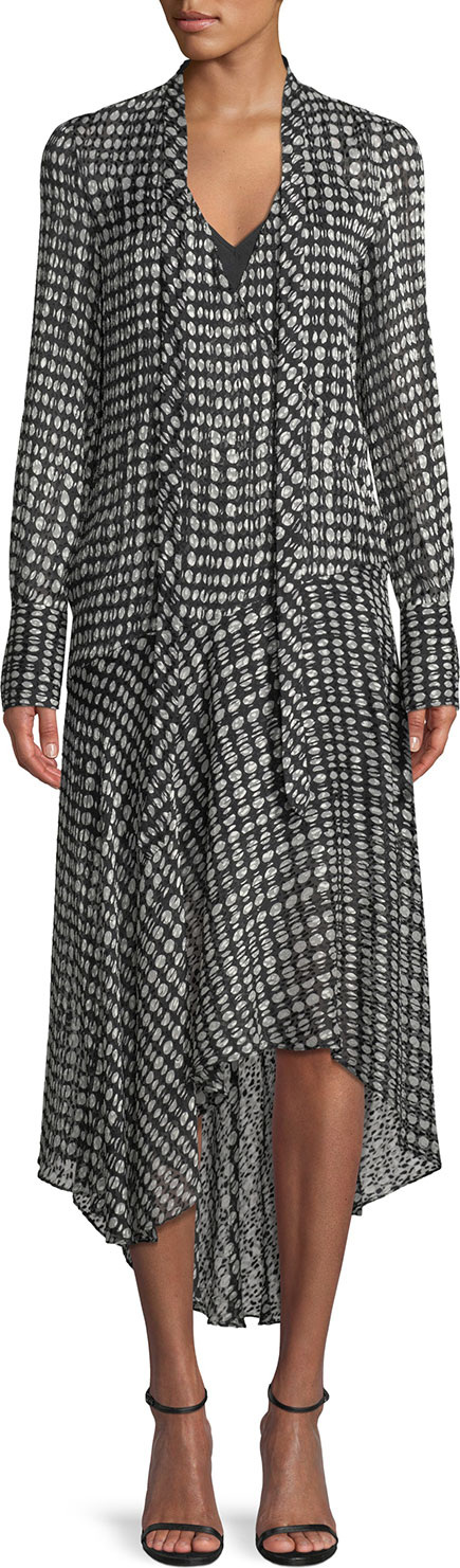 Theory Tie-Neck Long-Sleeve Broken Oval Silk-Blend Scarf Wrap Dress