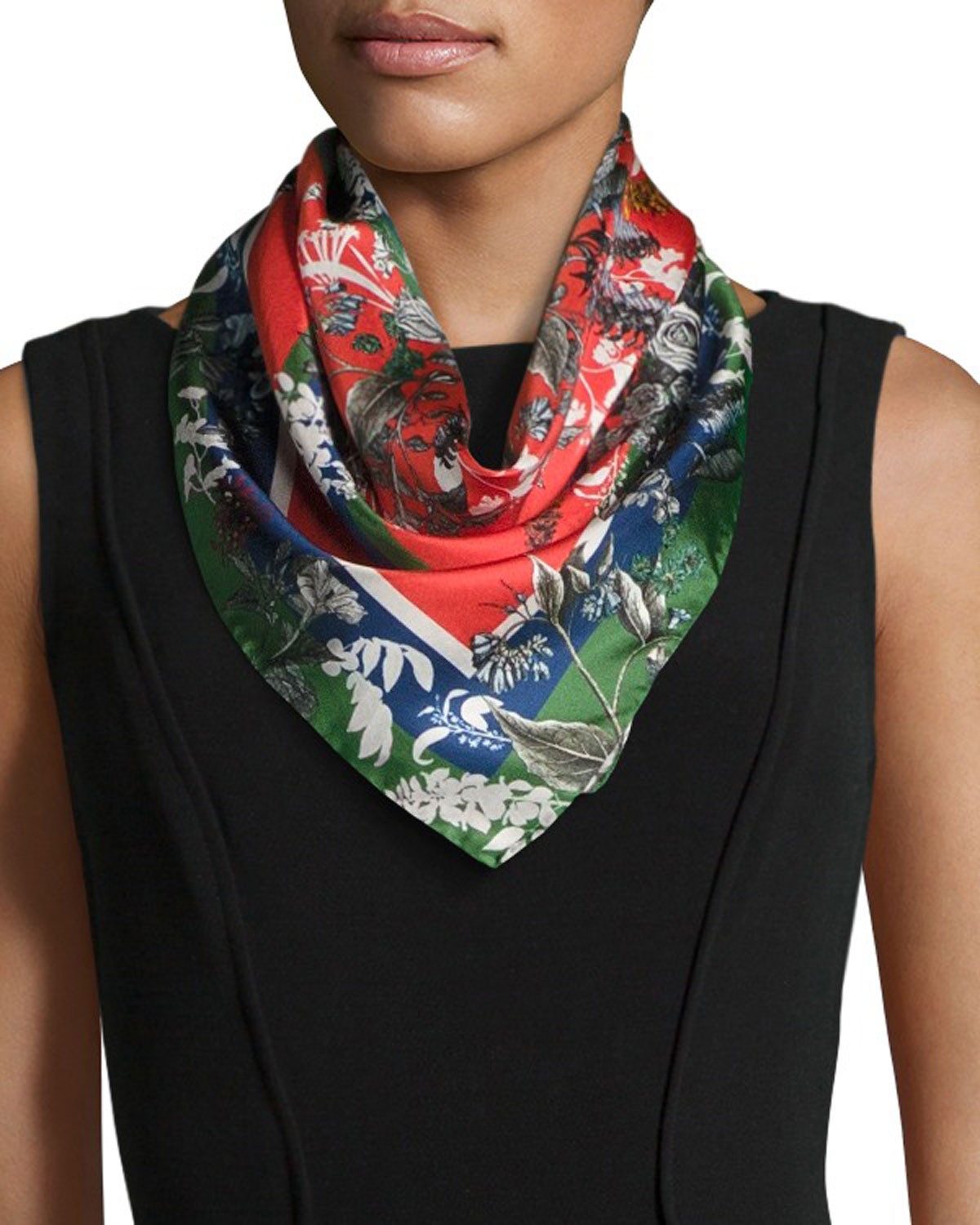 St. Piece Freya Floral Silk Twill Square Scarf, Green/Red
