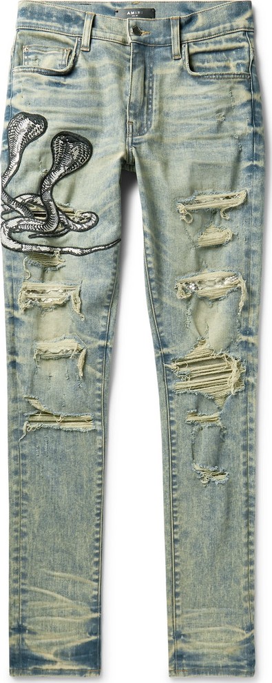 Amiri MX1 Skinny-Fit Appliquéd Faux Snake-Panelled Distressed Stretch-Denim Jeans